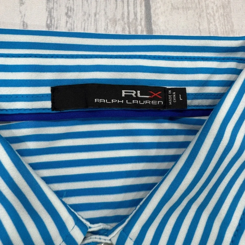 RLX Ralph Lauren Polo Shirt L Large Blue Stripe Casual Golf‎ Logo Mens